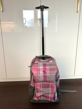 Pink Plaid Rolling Backpack - Pull Handle